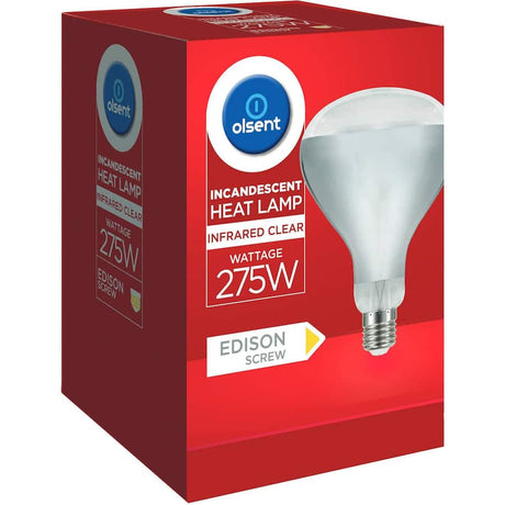 Olsent 275W heat lamp bulb with screw base, ideal for providing warmth in workshops, homes, and for pets.