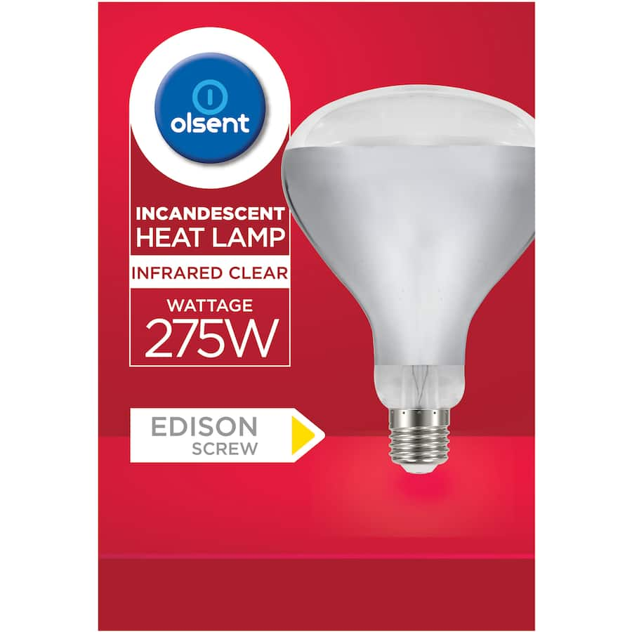 Olsent 275W heat lamp bulb with screw base, ideal for providing warmth in workshops, garages, and for pets.