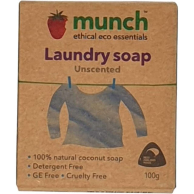 Munch Eco Laundry Soap Unscented in a natural setting, highlighting its eco-friendly and plant-based formula for sensitive skin.