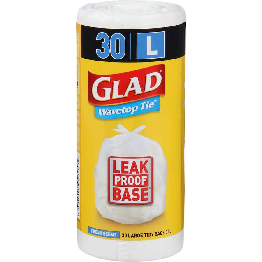 Glad Bin Liners Wavetop Tie Large Scented with 4-way tie system, designed for easy closure and odor-neutralizing efficiency.