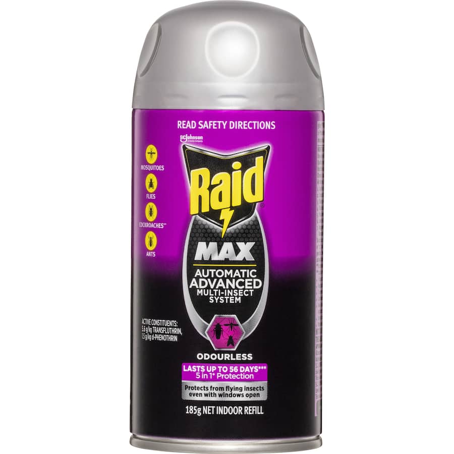 Raid Max Automatic Spray System Refill – enhances home pest control with advanced micromist for 5-in-1 protection against insects.