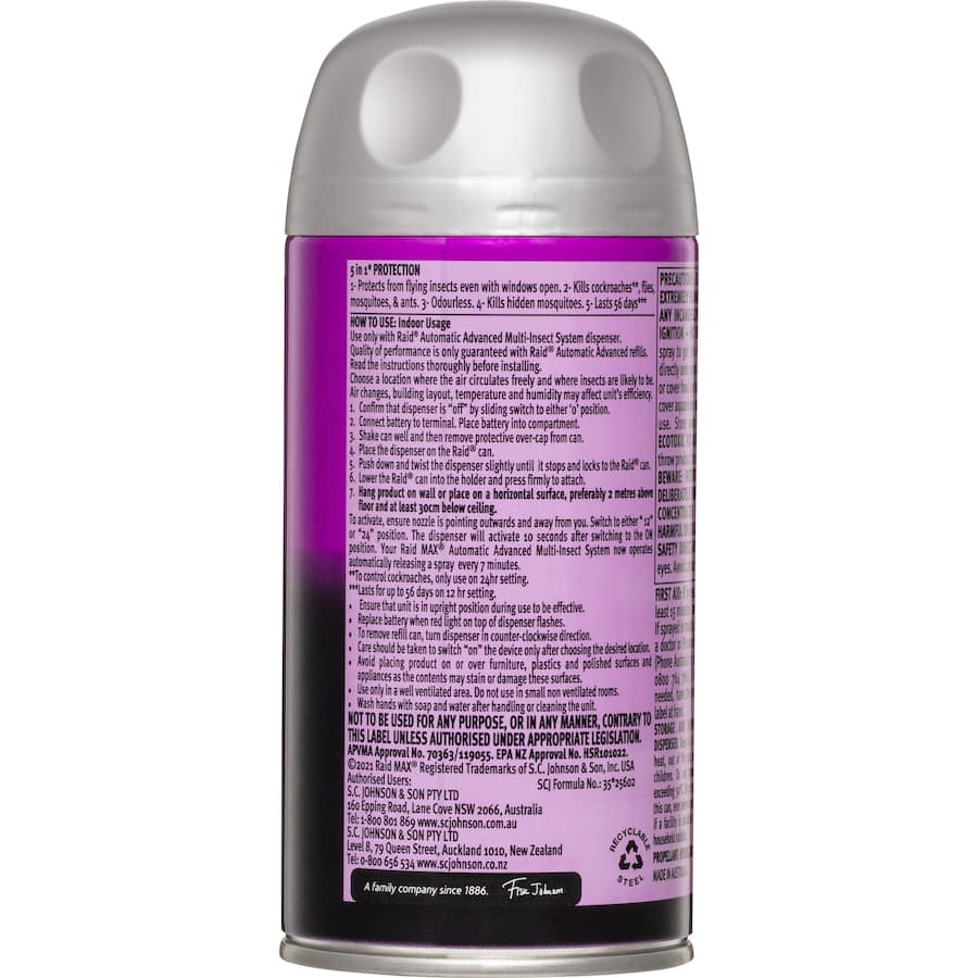 Raid Max Automatic Spray System Refill Advanced: powerful insect defense with micromist technology, odourless, lasts up to 56 days.
