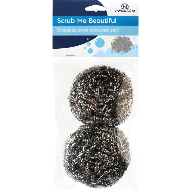 Stainless steel scourers in a pack of 2, designed for effective cleaning of stubborn stains and durable scrubbing tasks.