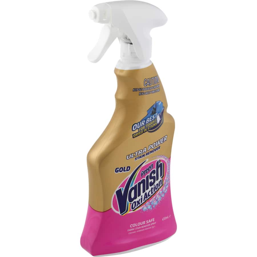 Vanish Preen Gold Oxi Action Stain Remover Spray for tough, dried-in stains; color safe, powerful on grass, wine, and gravy.