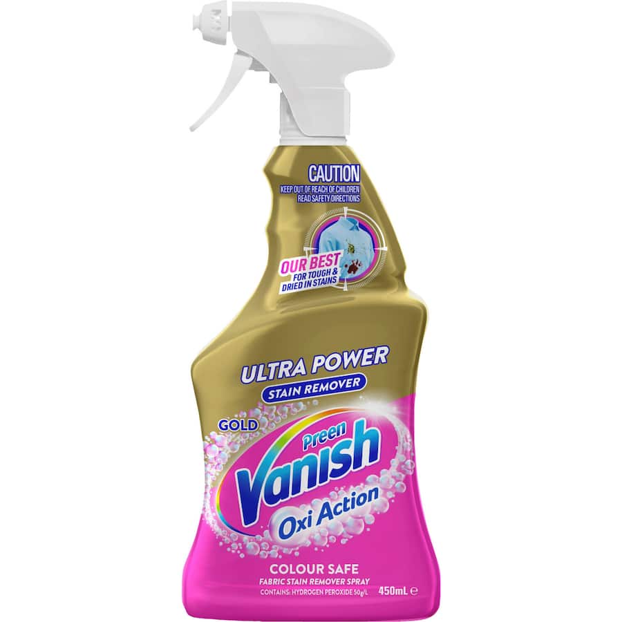 Vanish Preen Gold Oxi Action Spray for powerful, color-safe stain removal on tough stains like grass, red wine, and gravy.