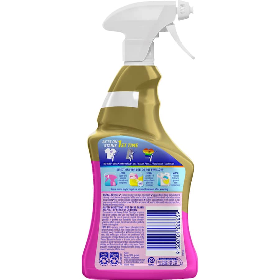 Vanish Preen Gold Oxi Action Spray bottle targeting tough stains like grass and wine, color safe for vibrant fabrics.