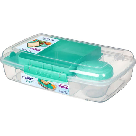 Sistema Lunch Box Bento To Go with removable compartments, yogurt pot, and easy-locking clip for convenient meal transport.