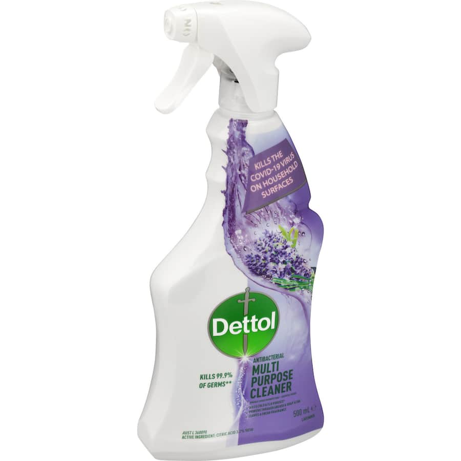 Dettol Healthy Clean Spray in Fresh Lavender for tough messes, kills 99.9% germs, and leaves a lingering floral scent.