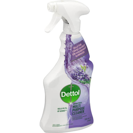 Dettol Healthy Clean Spray in Fresh Lavender for tough messes, kills 99.9% germs, and leaves a lingering floral scent.