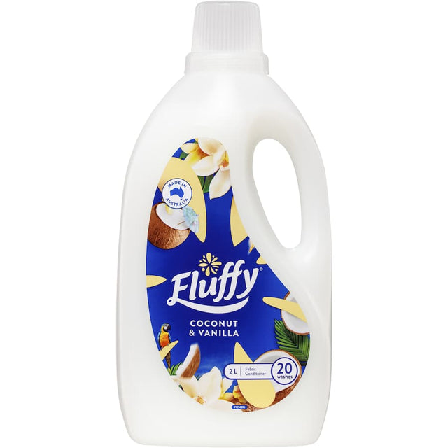 Fluffy Fabric Softener Coconut & Vanilla enhances laundry with softness, a delightful scent, and reduced static cling.