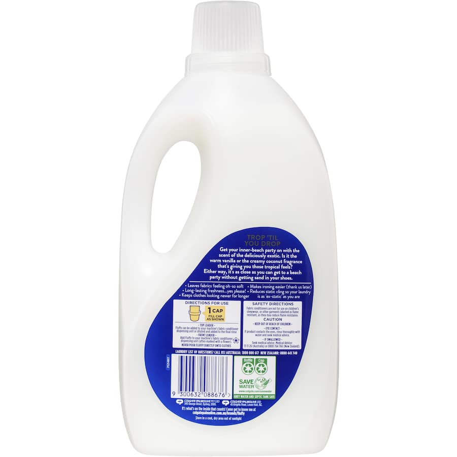 Fluffy Fabric Softener Conditioner in Coconut & Vanilla, enhancing laundry with softness, scent, and reduced static cling.