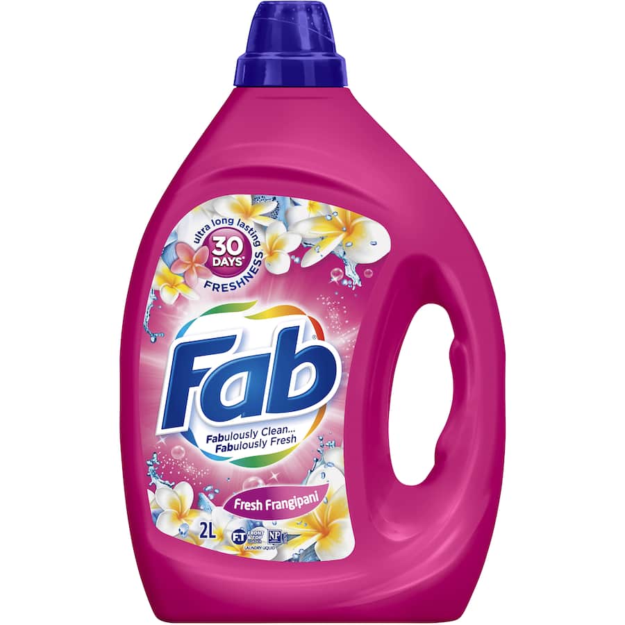 Bottle of Fab Laundry Detergent Liquid Fresh Frangipani, featuring a floral scent and suitable for all washing machines.