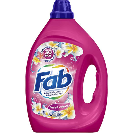 Bottle of Fab Laundry Detergent Liquid Fresh Frangipani, featuring a floral scent and suitable for all washing machines.