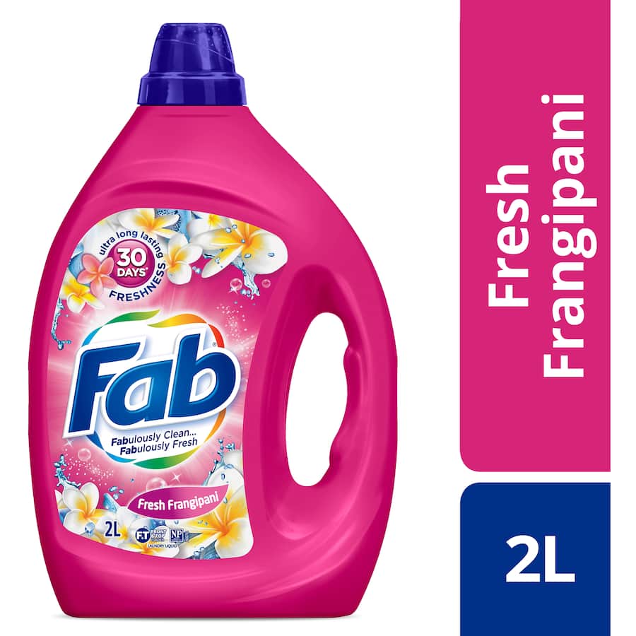Bottle of Fab Laundry Detergent Liquid Fresh Frangipani, offering long-lasting freshness and a captivating floral scent.