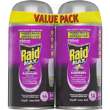 Raid Max Automatic Spray System Refill Multi for continuous insect protection, kills flying pests and cockroaches, lasts 56 days.
