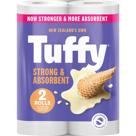 Tuffy Paper Towels 2-ply in white, strong and absorbent for tackling tough spills, made sustainably in New Zealand.