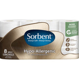Sorbent Toilet Paper 8pk Long Roll, hypoallergenic, eco-friendly, 3-ply, 270 sheets, soft and strong for sensitive skin.