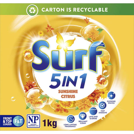 Surf Laundry Powder 5 In 1 Sunshine Citrus offers a fresh, fragrant wash with eco-friendly packaging and effective stain removal.