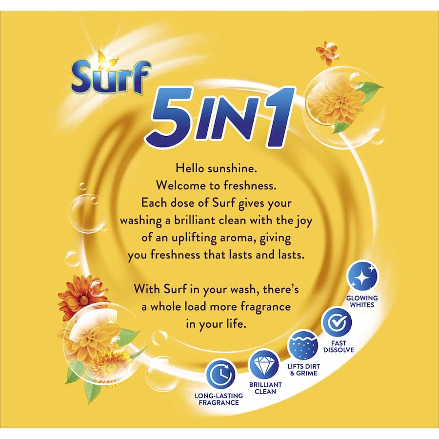 Brightly packaged Surf Laundry Powder 5 In 1 Sunshine Citrus, featuring citrus scents for fresh, clean laundry in eco-friendly packaging.