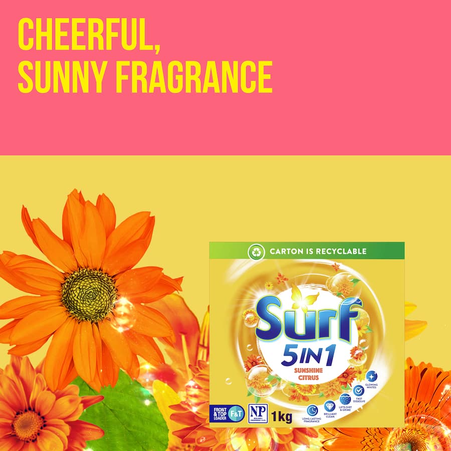 Bright, eco-friendly laundry powder with citrus scents, offering 5-in-1 cleaning for fresh, vibrant clothes in any wash temperature.