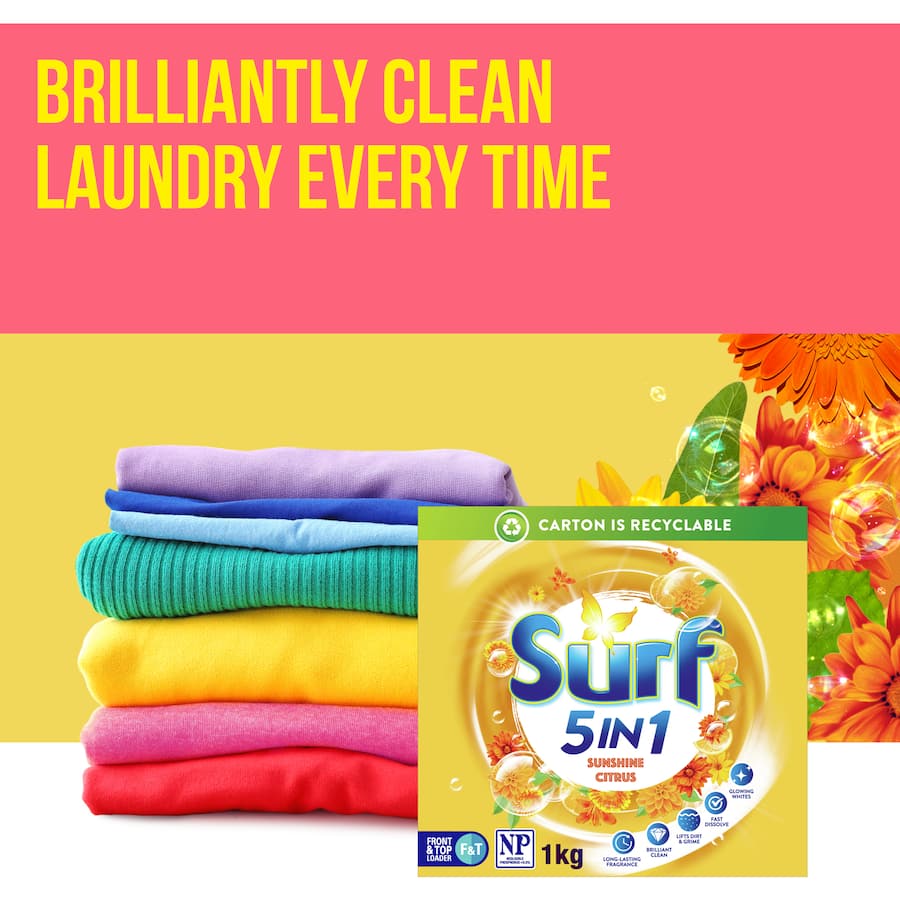 Bright yellow packaging of Surf Laundry Powder 5 In 1 with citrus fragrance promises long-lasting freshness and effective cleaning.