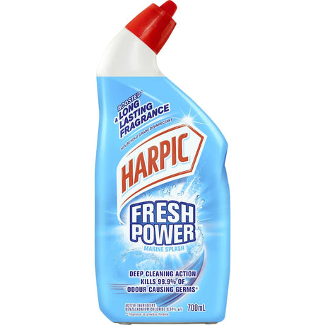 Harpic Fresh Power Toilet Cleaner Marine Splash bottle, 700ml, featuring a marine fragrance for superior toilet hygiene and freshness.
