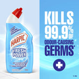 Harpic Fresh Power Toilet Cleaner Marine Splash bottle, 700ml, with powerful stain-fighting liquid and fresh marine fragrance.