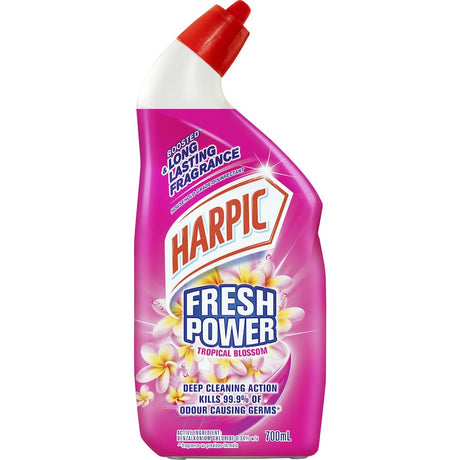 Harpic Fresh Power Toilet Cleaner in Tropical Blossom scent, 700ml, effectively cleans and disinfects bathrooms while eliminating odors.