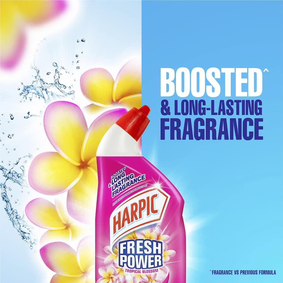 Harpic Fresh Power Toilet Cleaner Tropical Blossom bottle, featuring floral fragrance and antibacterial formula for hygiene.