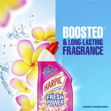 Harpic Fresh Power Toilet Cleaner Tropical Blossom bottle, featuring floral fragrance and antibacterial formula for hygiene.