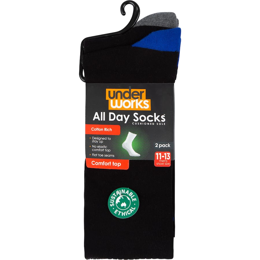 Underworks Men's Cushion Foot Socks size 11-13, featuring soft soles, flat toe seams, and a snug fit for all-day comfort.