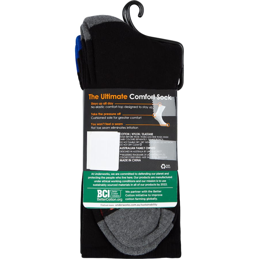 Underworks men's socks with cushion foot, size 11-13, featuring soft support, flat toe seams, and no elastic tops for comfort.