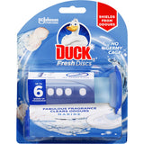 Duck Fresh Toilet Discs Marine offers a no-touch cleaning solution with gel formula, combating stains and odors while freshening the bathroom.