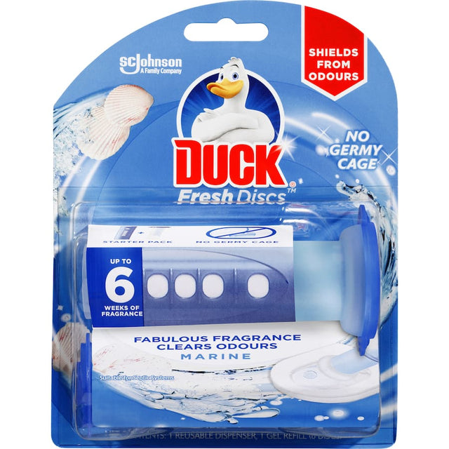 Duck Fresh Toilet Discs Marine offers a no-touch cleaning solution with gel formula, combating stains and odors while freshening the bathroom.