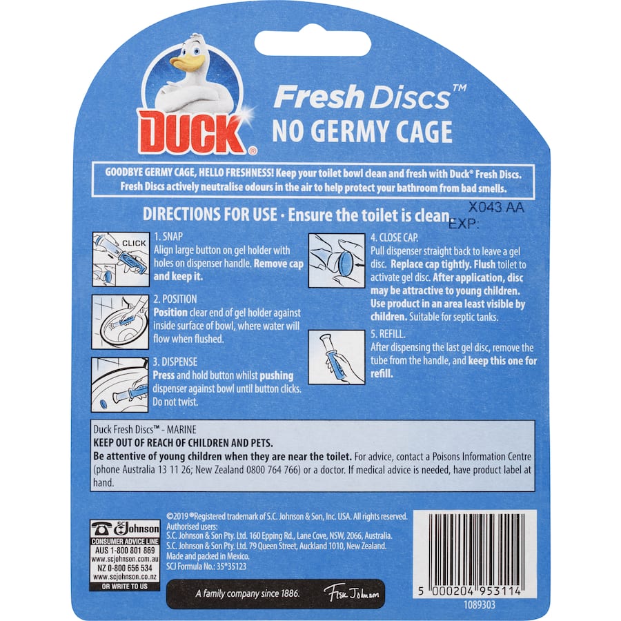 Duck Fresh Toilet Discs Marine: gel-based toilet cleaner with odour shield, combats stains, and releases marine fragrance with every flush.