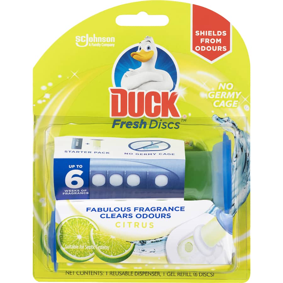 Citrus-scented gel toilet discs that cling to the rim, preventing stains and odors with each flush for a fresh bathroom.
