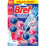 Bref Power Active Toilet Cleaner Block Flower: Freshens bathrooms with floral scent, combats limescale, and offers powerful cleaning foam.