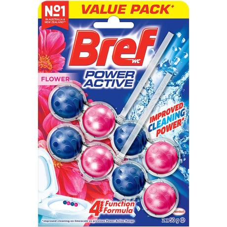 Bref Power Active Toilet Cleaner Block Flower: Freshens bathrooms with floral scent, combats limescale, and offers powerful cleaning foam.