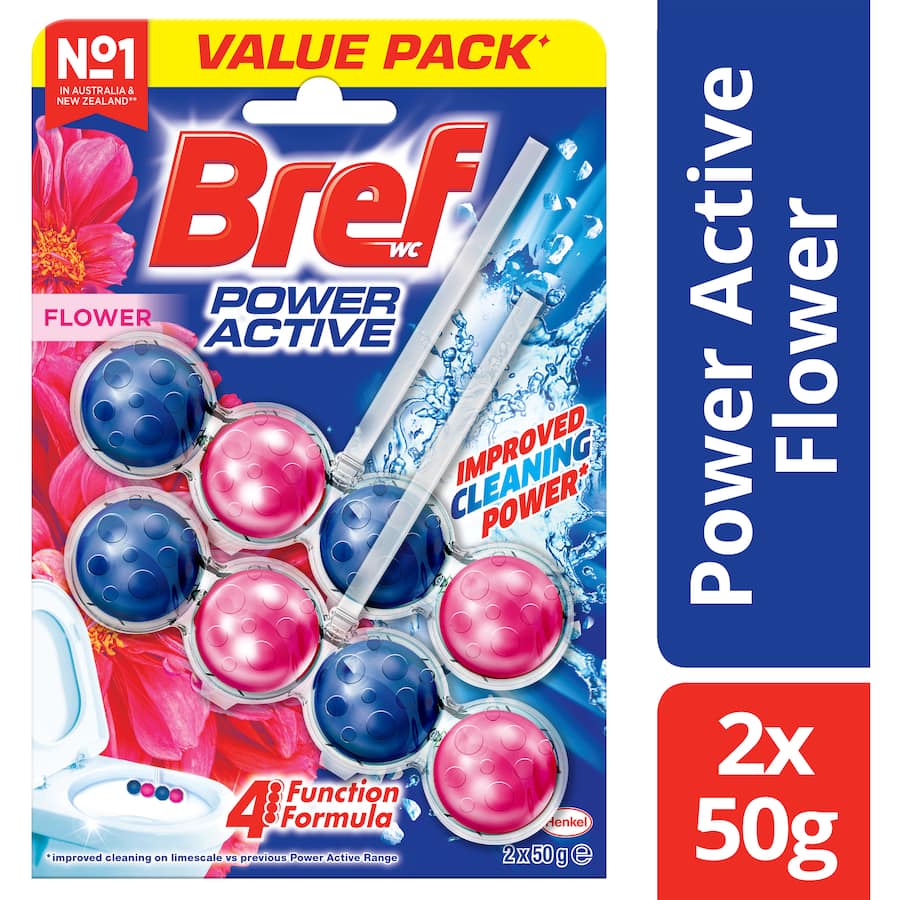 Bref Power Active Toilet Cleaner Block in floral scent, featuring 40% more freshness, fights limescale and dirt while providing hygienic foam.