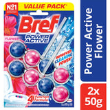 Bref Power Active Toilet Cleaner Block in floral scent, featuring 40% more freshness, fights limescale and dirt while providing hygienic foam.