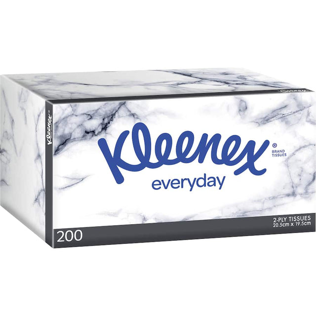Soft 2-ply Kleenex Facial Tissues, 200 sheets per box, ideal for everyday use and sensitive skin comfort.