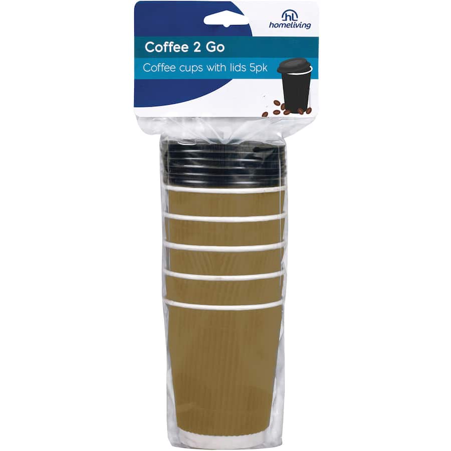 Homeliving disposable coffee cups with lids, featuring a stylish ripple wall design for insulation, pack of 5 in black and brown.
