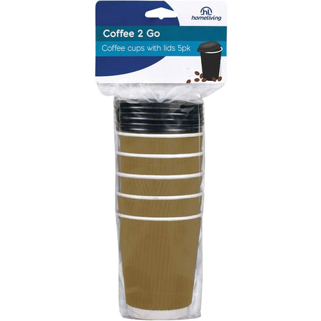 Homeliving disposable coffee cups with lids, featuring a stylish ripple wall design for insulation, pack of 5 in black and brown.