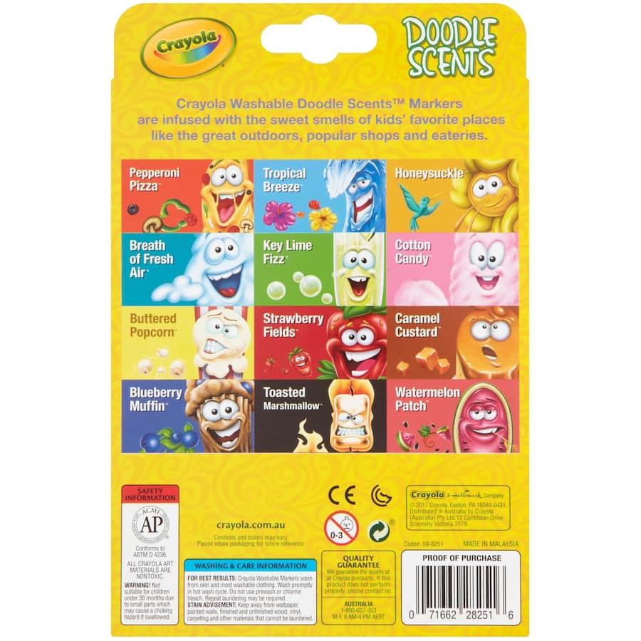 Vibrant Crayola Doodle Scents markers with dual ends, featuring colorful designs and delightful fruity fragrances for creative fun.