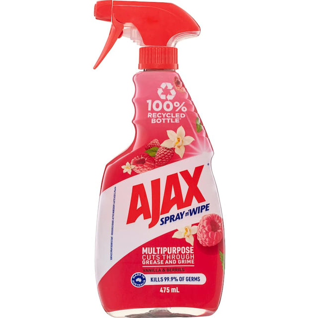 Ajax Spray N Wipe Multipurpose Cleaner in Vanilla & Berries, eco-friendly, effective, 475mL bottle for quick cleaning.
