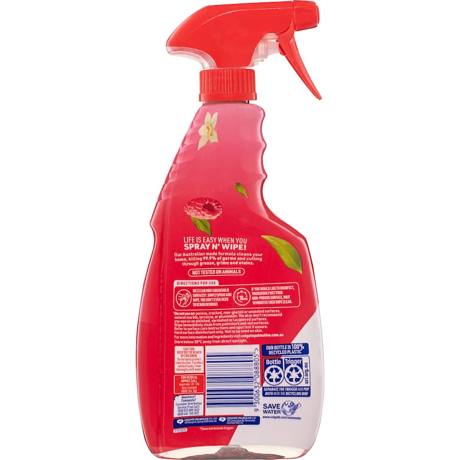 Ajax Spray N Wipe in Vanilla & Berries, eco-friendly cleaner for kitchens and bathrooms, packed in a recycled bottle.