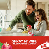 Ajax Spray N Wipe in Vanilla & Berries, eco-friendly cleaner for all surfaces, effectively removes grease with a refreshing scent.
