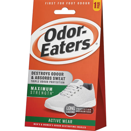 Odor Eaters Active Wear Insoles featuring activated charcoal and anti-bacterial protection for lasting foot freshness.