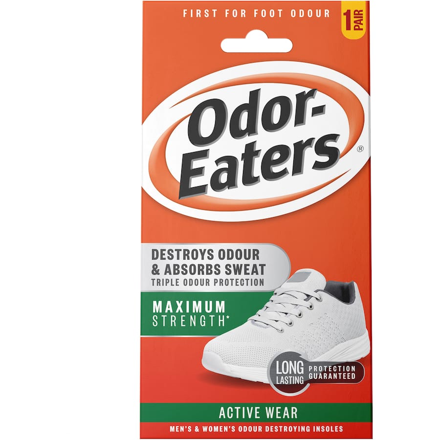 Odor Eaters Maximum Strength Insoles for active wear eliminate foot odour, absorb sweat, and offer triple protection in sneakers.