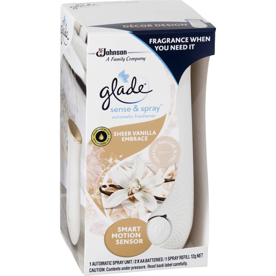 Glade Sense & Spray Automatic Spray System in Vanilla, a sleek motion-activated air freshener for delightful home ambiance.